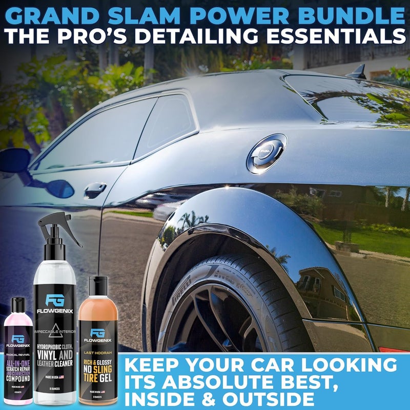 Flowgenix Grand Slam 3-Pack - Includes Tire Shine Gel (8oz), Car Scratch Remover (4oz), Water-Repellent Vinyl and Car Leather Protector (8oz), 2 Microfiber Towels - Image 2